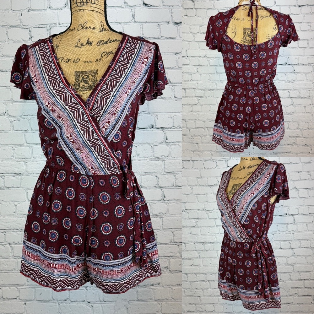 Xhilaration Boho Burgandy Print Crossfront Tie Back Romper